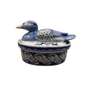 Chinoiserie Duck Lidded Dish Blue & White Porcelain Grand Millennial